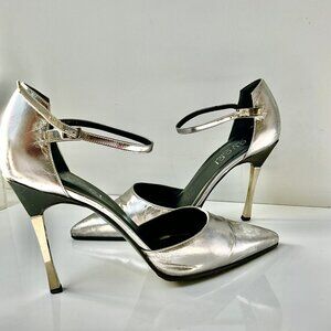 Vintage GUCCI Silver Metallic Pointed-Toe Ankle Strap Heel EU 37 Italy